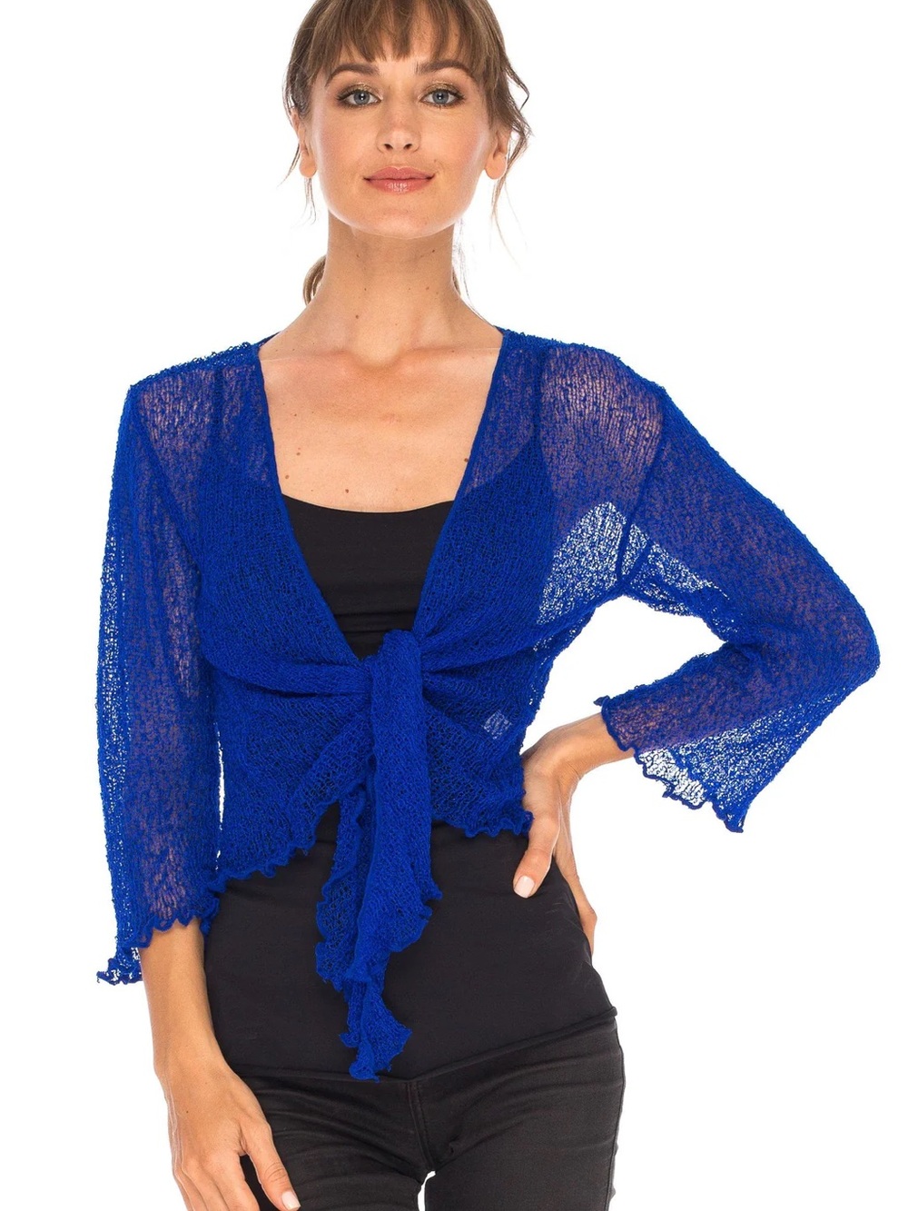 Kaktus Royal Blue Tie-Front Sheer Knit Shrug